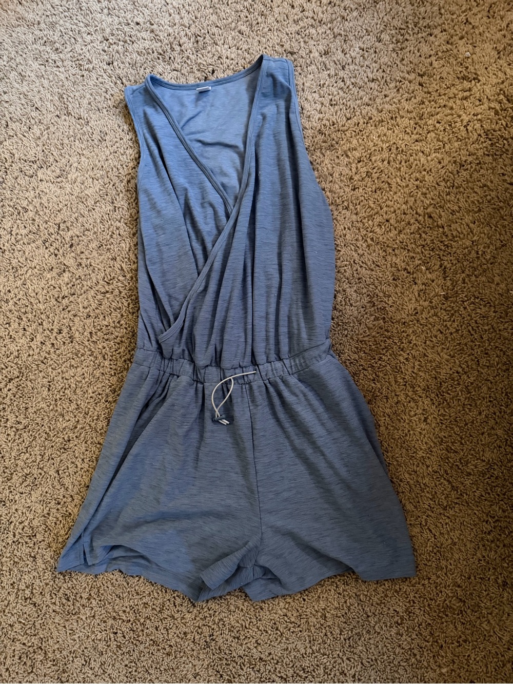 Old Navy Blue Sleeveless women's Romper with Drawstring Waist & cardigan -outfit